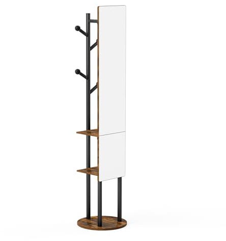 Garderobenständer mit Ganzkörperspiegel 360° drehbar – 2-in-1 Kleiderständer mit mehreren Haken, platzsparende Standgarderobe in Vintage-Braun für Flur & Schlafzimmer, stabiler Kleiderständer