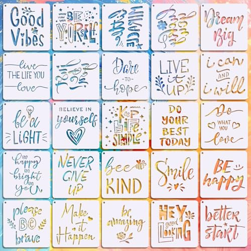 25 Stück Inspirierende Schablonen,15×15cm Wiederverwendbare Malschablonen Vorlage, Schablone für DIY Textilgestaltung Holz Scrapbooking Wanddekoration (STIL 1)