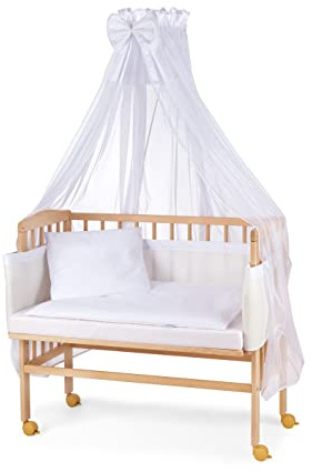 Waldin Baby Beistellbett mit Matratze und Stoffen, Höhen-verstellbar, Große Liegefläche 90x55cm, Holz Natur, Weiß