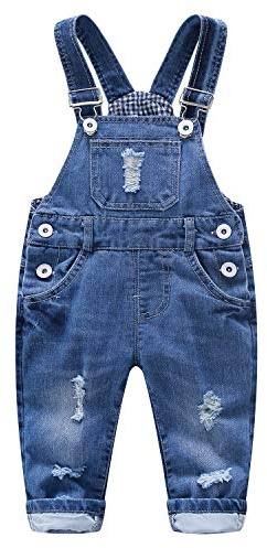 KIDSCOOL Salopette Jeans Bambino, Denim Strappato con Bavaglino | Salopette neonato in denim, tuta unisex strappata e consumata, fodera a quadretti, outfit morbido