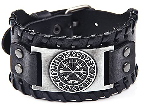 Pulsera de cuero negro para hombres, estilo vikingo con vegvisir, brújula nórdica con runas