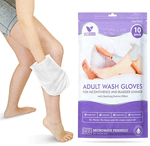 Medcosa - Manoplas húmedas para adultos con incontinencia - Toallitas desechables en forma de guante para limpiar el cuerpo. Húmedas e inodoras, con crema barrera y dimeticona, 5 paquetes de 10