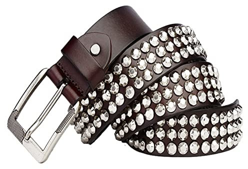 Punk Rock Nietengürtel 3 Reihe Metall Silber Nieten Gothic Leder Gürtel Geeignet Für Alle Kleidungsstücke 105Cm - 125Cm Länge Für Herren Damen Kürzbar,Kaffee,120cm/waist:40~42