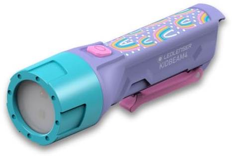 Ledlenser KIDBEAM4 Lampe torche pour enfants, Piles AAA, Motif Licorne | Léger (72 g), arrêt automatique, éclairage blanc et RGB, clip de poche, IP54, pour camping, lecture, cadeau pour enfants