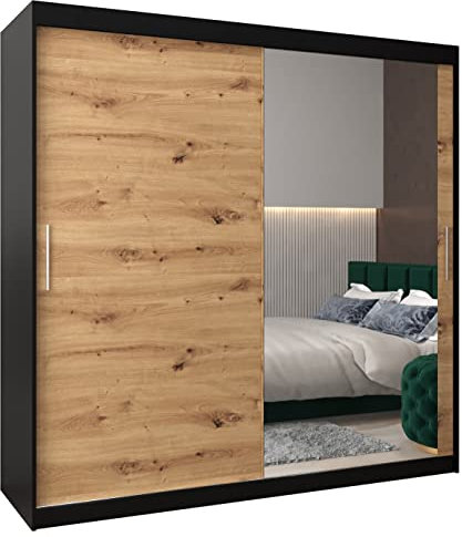 MEBLE KRYSPOL Kleiderschrank mit Spiegel Tokyo 2 - Garderobenschrank - Schrank Schlafzimmer - Mehrzweckschrank Zwei Schiebetüren - Regalen - Flur Möbel - Kleiderstange Schrank - Allzweckschrank