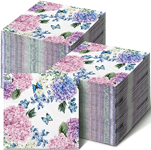 200 tovaglioli di carta usa e getta con fiori di ortensia, decorazione floreale, viola, rosa, blu, estate, per matrimoni, bagno, doccia, feste, farfalle, asciugamano (quadrato)