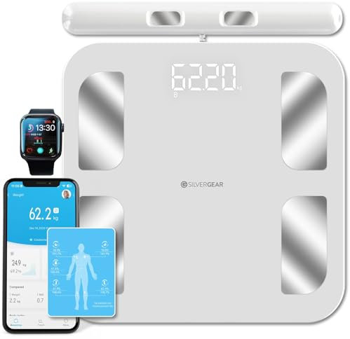 Silvergear® Bilancia Pesapersone PRO | Bilancia Impedenziometrica Bluetooth con APP | Bilancia Digitale Professionale con Grasso Corporeo, Massa Muscolare, BMI, Peso Osseo, BMR e Frequenza Ca