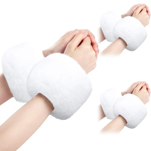 SATINIOR 3 Pairs Faux Fur Wrist Cuffs Winter White Wrists Warmers Fuzzy Fur Cuffs Fluffy Cuff for Women(White)