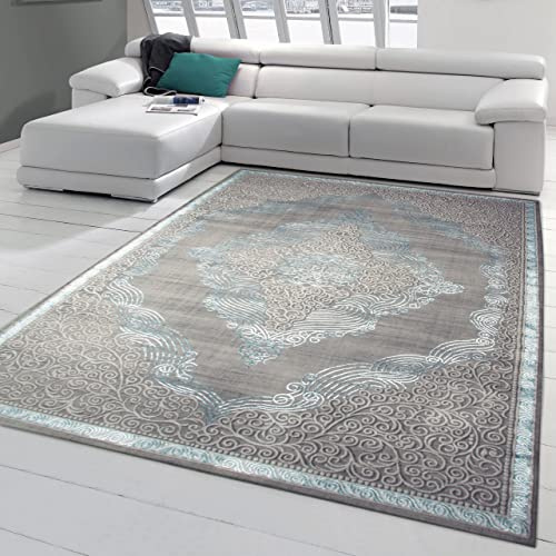 Teppich-Traum Alfombra Oriental Decorada – Efecto Lavado – Agradable Turquesa Plateado, 120 x 170 cm