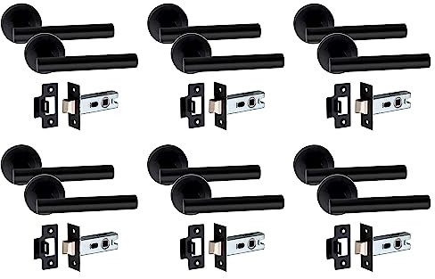 Golden Grace Straight T-Bar Design Door Handles on Round Rose with 2.5 Tubular Latch in Matt Black Finish, 6 Pairs - 52mm Diameter