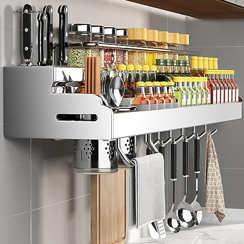 Support Rangement Ustensiles de Cuisine/Porte-épices,Étagère de Cuisine Porte-Casserole Murale sans Perçage,Aluminium, Antirouille,Mural avec 6 Crochets Amovibles,Argent 50CM