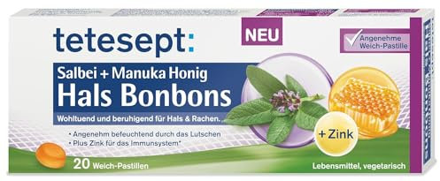 tetesept Hals Bonbons mit 3-fach Komplex – 5 x 20 Halspastillen – Weiche Bonbons mit Salbei + Manuka Honig für Hals und Rachen mit extra Zink für das Immunsystem