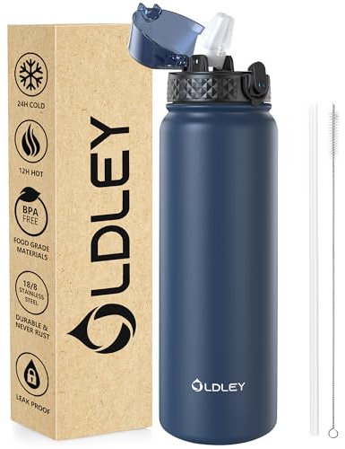 OLDLEY Stainless Steel Water Bottle with Straw 1L Vaccum Insulated Large Drink Flask Metal Water Bottles 1 Litre Leakproof Keep Drinks Hot Cold for Sports Bike Gym Adult Women Men(Navy Blue, 1 Lid)