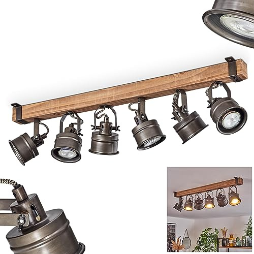 HOFSTEIN Deckenleuchte Pehefito, verstellbare Deckenlampe aus Metall/Holz in Schwarz/Braun, Leuchte im Industrial/Retro/Vintage-Design mit Holzbalken, 6 x GU10, Wohnzimmer, Esszimmer, Schlafzimmer