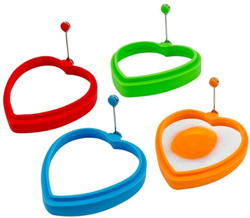 YOLCAR Food Grade Silicone Egg Rings, 4 Pack Egg Ring Molds for Cooking, Non-stick Fried Egg Rings(Multicolor, Heart-shaped)