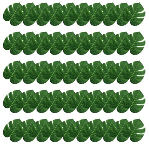 XIHIRCD 50uds Hojas de Palma Artificiales, Hojas Artificiales Tropicales de 15cm Hojas Verdes de Monstera Sintéticas para Decoración de Mesa de Cumpleaños Hawaiana Fiesta Luau en la Selva(Tamaño S)