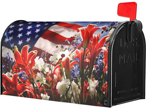 Identiy American Flag with Spring Flowers Mailbox Covers Magnetic Standard Size,Spring Summer Floral Patriotic Magnetic Mailbox Covers for Holiday Yard Decor 18x21