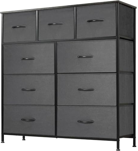 DUMOS Kommode mit Schubladen - Kommoden & Sideboards für Schlafzimmer Geeignet, Komodenschrank mit 9 Schubladen, Stoffkommode mit Stabilem Stahlrahmen, Ideal für Schlafzimmer, Wohnzimmer (Grau)