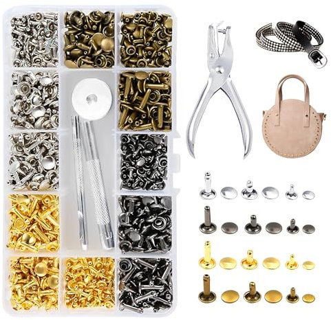 Lot de 360 rivets pour cuir - Rivets creux en métal - Double capuchon - 3 tailles - Avec 3 outils de fixation - Pince perforée pour bricolage, cuir, artisanat, sac, vêtements