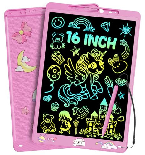 16 Zoll LCD Schreibtafel Bunte, Heller Zeichenbrett Zaubertafel Maltafel Grafiktablet Drawing Pad, Augenfreundlich Schrift Pad, Spielzeug Geschenke für Kinder, zu Hause, Schule, Reise - Rosa