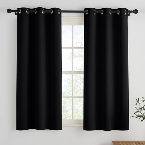 PONY DANCE Schwarze Vorhänge Kurz Blickdichte Gardinen mit Ösen | 2er Set, H120 x B90 cm, Lichtundurchlässig, Thermovorhang gegen Hitze, Scheibengardinen, für Schlafzimmer, Blackout