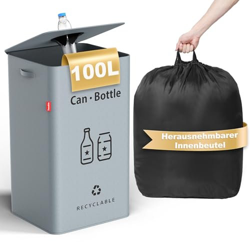 Pfandflaschen Sammelbehälter mit Deckel, Großer Mülleimer Küche & Organizer für Leergut und Altglas, Stoffbehälter mit herausnehmbarem Innenbeutel (Grau)