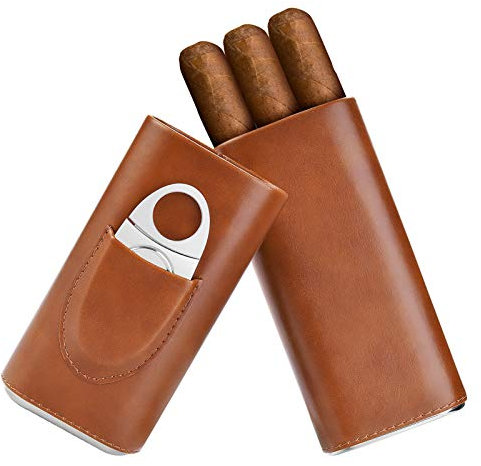 SEEJI Cigar Case Travel - Cigar Humidor Accessories - Cigar Box with Cutter Gift for Men (Brown)