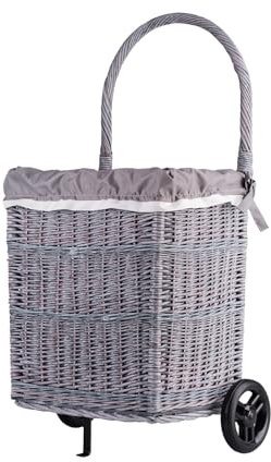 e-wicker24 Alles aus Weide Panier à bûches sur roulettes - Chariot en osier - Panier des courses - Panier de rangement - Panier à provisions - Gris