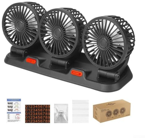MeevrgR Ventilateur de voiture 3 en 1 - Rotation à 360° - Triple tête 12 V/24 V/USB - Pour SUV/camion/camping-car - Base en métal avec flux d'air réglable (noir)