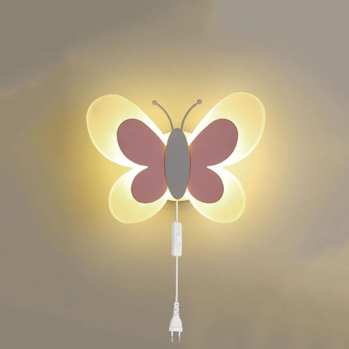 LOGT Wandlampe Kinderzimmer mit Schalter LED Innen Wandleuchte 3 Farbtemperatur Schmetterling Nachttischlampe Modern Dekorative Bettlampe 12W Mädchen Jungen für Babyzimmer Schlafzimmer,Rosa