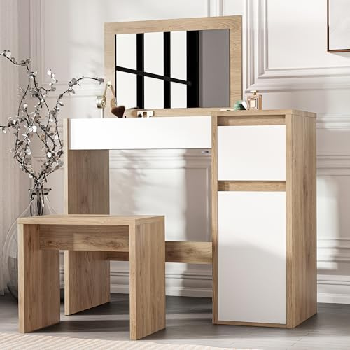 Dressing Table with Mirror and Stool, Flip Up Mirror White Vanity Makeup Table, Girls Dressing Table, Cosmetic Bedroom Dresser Make Up Writing Desk (Oak + White)