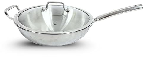Reldor Triply Stainless Steel Wok with Lid – 3-Ply Construction with Riveted Handle, Induction & Hob Compatible – Even Heat Distribution, Dishwasher Safe, 30 cm