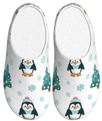 Pantofole da donna con pinguino e neve, in flanella, per uomo, albero di Natale, antiscivolo, calde, invernali, per interni ed esterni, Multicolore, large