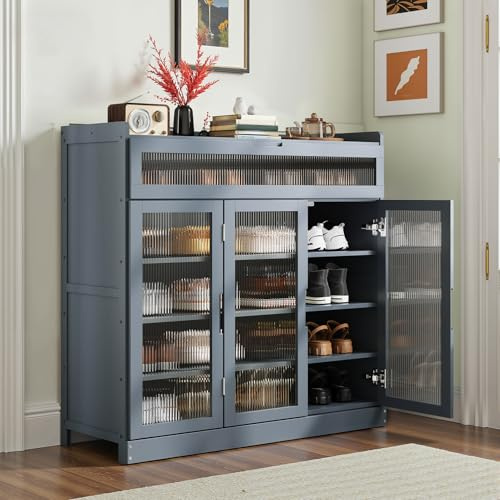Warmiehomy Shoe Cabinet with Doors, 5-Tier Bamboo Shoes Cabinet for Hallway, Freestanding Shoe Storage Organizer for Entryway, Shoe Rack Cabinet with Adjustable Shelves for Living Room, Grey