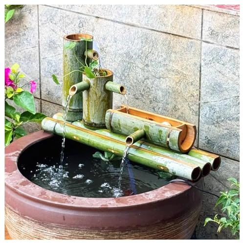 Fontana d'acqua in bambù con pompa, cascata da giardino, decorazione per interni ed esterni zen