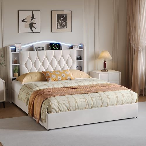 BestAlice Säng med förvaringsutrymme, 160 x 190 cm, stoppad säng, dubbelsäng med LED, sänggavel med förvaringsfack, sängram med ribbotten, förvaringssäng, boxfjädersäng, ungdomssäng, vuxensäng, sammet
