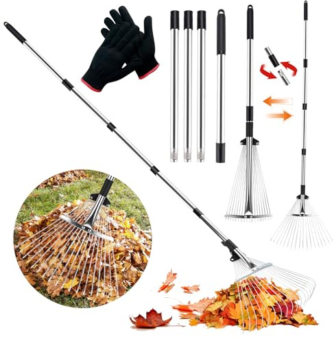 JOYBOY Rastrillo Jardín con 18 Dientes de Metal, Rastrillo Hojas Ajustable de Metal con Mango de 215cm y Cabeza Expandible de 20-40cm, Rastrillo para Limpiar Plantas, Césped y Patio