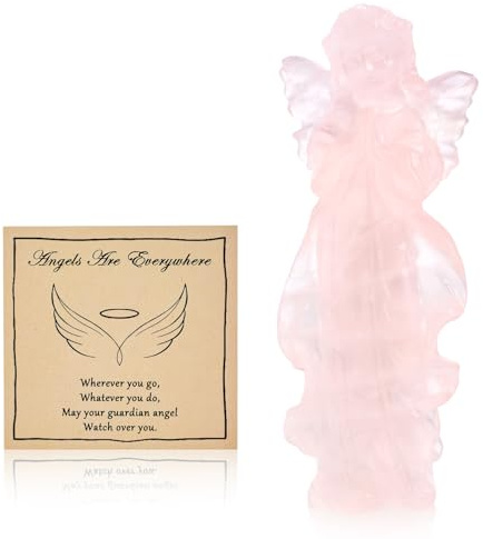 AWARDSEN Engel Statue aus Rosenquarz, Kristalle Handgeschnitzt Engel Figur | AWARDSEN Mit Grußkarte und Geschenkverpackung Spirituelle Deko Rosa Heilsteine Schutzengel Geschenk für Frauen