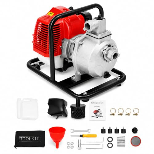 EGBNSY Bomba De Agua Gasolina, 1,25kW Motobomba De Agua A Gasolina, Bomba De Agua Sumergible, Motor 2 Tiempos, Motobomba para Riego y Jardín (Rojo/Negro)