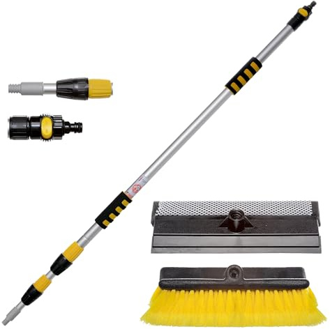Yachticon Waschbürstenset Nr. 2 – Teleskopstiel 130–300 cm mit Wasserdurchlauf, Waschbürste ohne Seitenborsten & Schwamm-Abzieher für Boot, Auto, Wohnmobil & Caravan