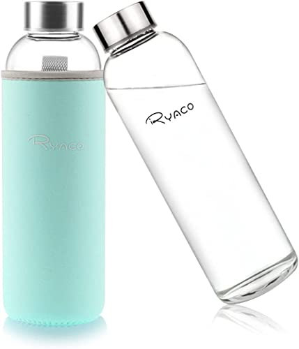 Ryaco Bottiglia d'Acqua 550 ml/18oz, Borraccia Vetro Portatile con Guaina per Bevande Calde e Fredde, Senza BPA, Borraccia in Vetro con Pennello in Spugna, Lavabile in Lavastoviglie