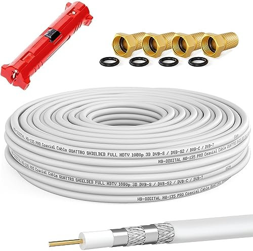 HB-DIGITAL HQ-135 PRO 15m 135dB Câble SAT coaxial 4 fois blindé avec dénudage et 4 fiches F dorées Câble d'antenne pour systèmes DVB-S / S2 / S2X DVB-C et DVB-T / T2 BK UHD 4K Full HD 3D