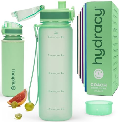 Hydracy Water Bottle with Time Marker - 500 ml 17 Oz BPA Free Water Bottle - Leak Proof & No Sweat Gym Bottle with Fruit Infuser Strainer - Ideal for Fitness or Sports & Outdoors - Aqua Green