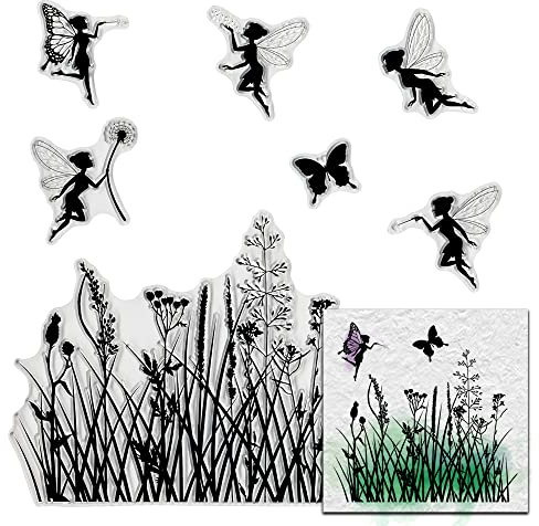 Hying Fairy Butterfly Flower Background Clear Stamps for Card Making and Photo Album Decorations, Flying Girls Transparent Rubber Stamps Spring Flowers Stamp Seal for DIY Scrapbooking