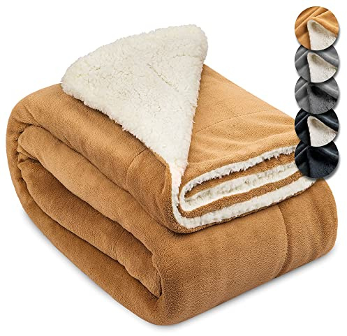 Beautissu Sherpa Decke Wohndecke Kuscheldecke warme Dicke Winterdecke Sofa | 150x200cm Beige/Weiß Lammfell-Optik flauschige XL Überwurf Couch Fleecedecke Tagesdecke Wohnzimmer Alina