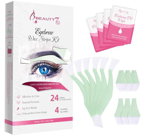 Beauty7 Augenbrauen Wachsstreifen vorgeschnitten augenbrauen wachs 24stk augenbrauen wax streifen mit 4stk Reiniger Öl Tücher Schmerzfrei enthaarungsstreifen augenbrauen schnell persian wax strips