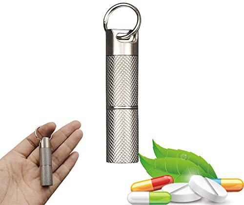 Wasserdichte Pillendose Outdoor Tablettenbox Schlüsselanhänger, 2 Fächer Metall Titan Kapsel EDC Notfall Pillenbehälter, Lichtgeschützt BPA Frei Täglich Reise Tablettendose für Unterwegs