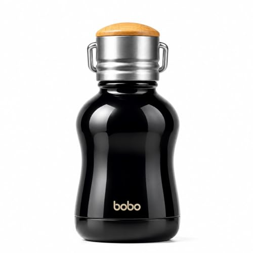 YOHKOH Mini bouteille d'eau isotherme en acier inoxydable avec couvercle en bambou, anti-fuite, anti-transpiration, sans BPA (190 ml, noir)