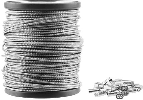 NAMYEUT Corde a linge exterieur 1,5 mm cable acier - 50 m x 1,5 mm - Avec 40 manchons en aluminium - 7 x 7 brins - Pour accrocher des cadres photos, peintures, miroirs