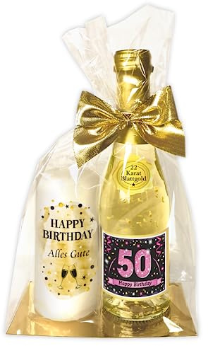Hochwertiges Geschenkset zum 50. Geburtstag - „50 Happy Birthday“ PINK Schwarz mit Geburtstagskerze - Set mit Piccolo Secco Sekt und Stumpenkerze Kerze | Geburtstagsgeschenk | Pfeif auf's Alter